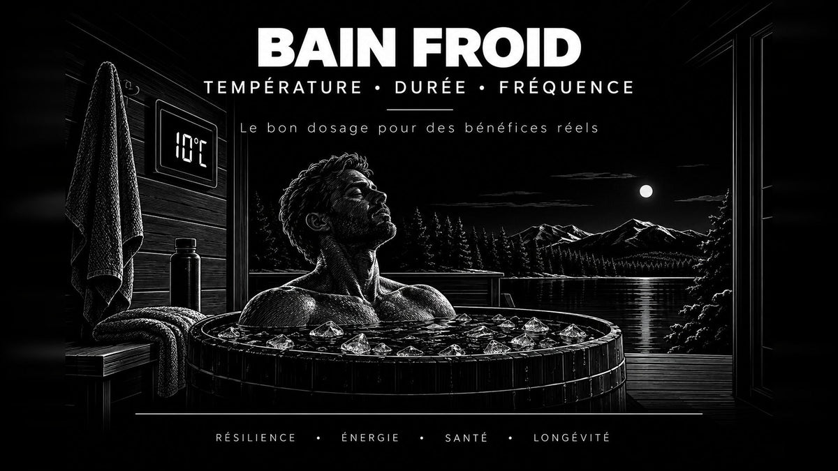 Un homme immergé dans un bain froid rempli de glaçons à 10 °C, face à un lac de montagne au clair de lune