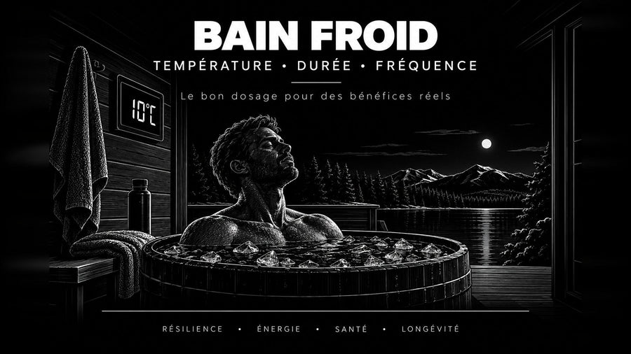 Un homme immergé dans un bain froid rempli de glaçons à 10 °C, face à un lac de montagne au clair de lune