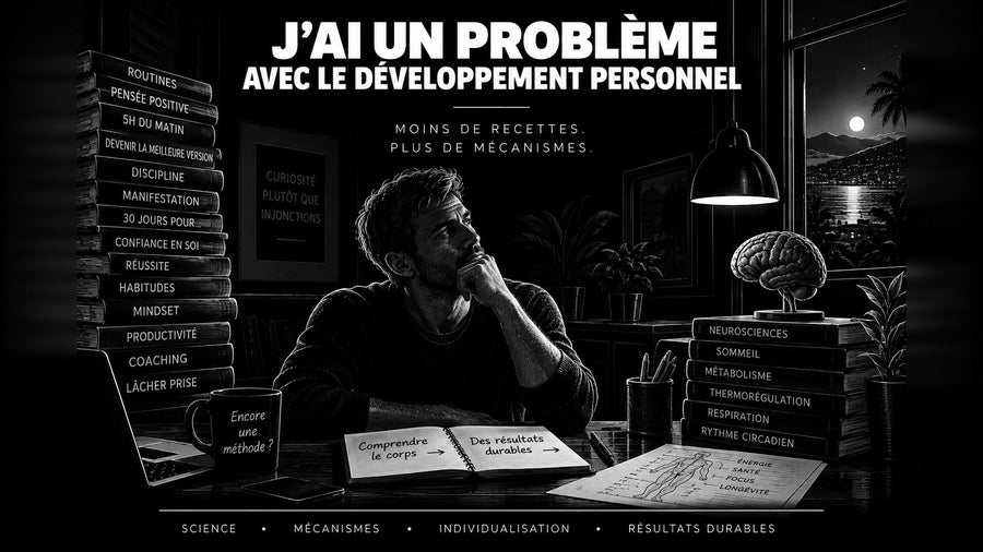 Un homme hésite entre une pile de livres de développement personnel et des notes sur les mécanismes du corps