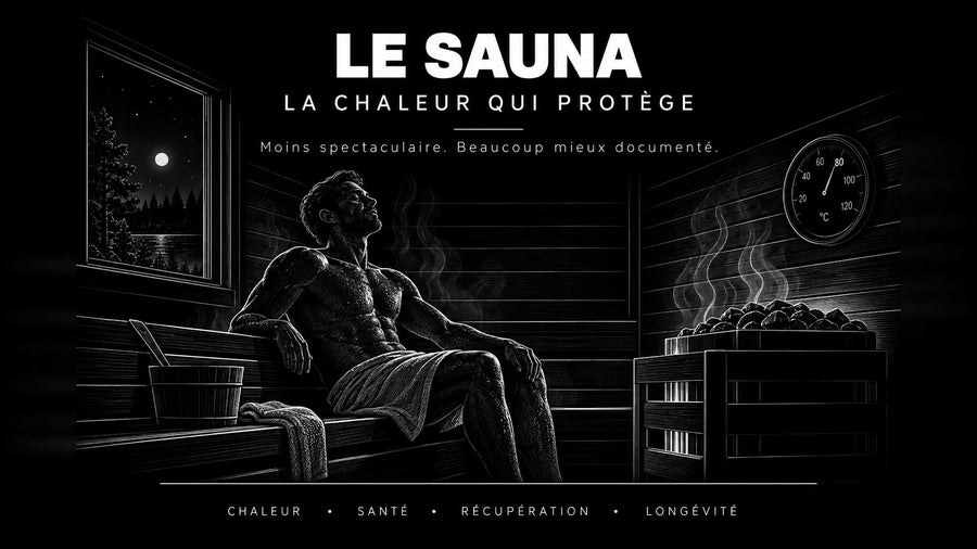 Un homme assis sur un banc de sauna en bois, près du poêle à pierres, un thermomètre au mur